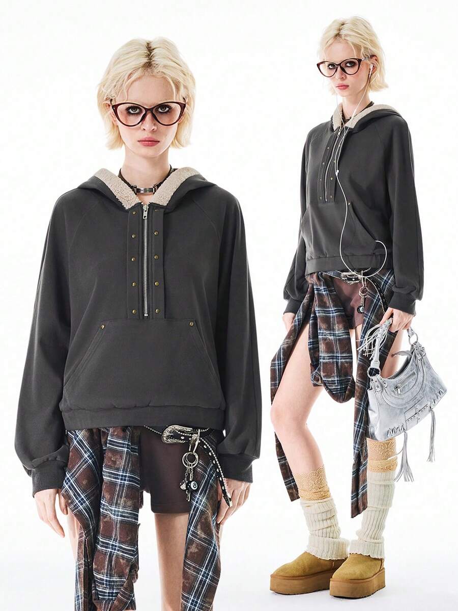 Bloopia 女士Y2K休闲日常通勤时尚哥特风半拉链连帽抓绒卫衣，秋冬款 - 深灰色 - 查看 1