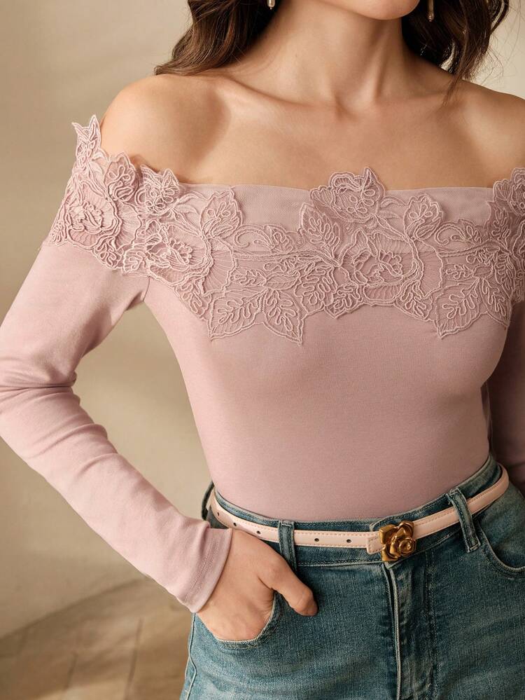 Women's Tencel Knit Elegant Date Off-Shoulder Lace Patchwork Long Sleeve T-Shirt, Spring/Summer