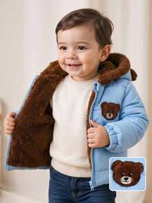 SHEIN Baby Boys/Girls Black Casual Cute Bear Embroidered 3D Ear Hoodie Zip-Up Long Sleeve Quilted Thick Cotton Jacket, Bear Embroidery On Chest Is Playful & Adorable, Loose Fit Comfortable, Suitable For Outdoor, Casual, Home Play, Unisex Hooded Padded Cotton Jacket For Infants, Toddlers, 6M-3T Cute Baby Boy Clothes Winter Baby Boys 0 3yrs Jacket Baby Boy Bear Outfit Baby Bear Jacket - Blue - View 6