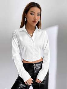 SHEIN EZwear Blusa blanca de manga larga con botones delanteros y corte cropped para mujer de talla grande - Blanco - Ver 6