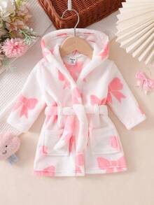 新生儿粉色简约时尚甜美可爱长袖长款连帽睡袍 - 粉色 - 查看 1