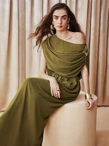 Arave Asymmetric Ruched Flowy Maxi Dress New Year - Olive Green - View 10