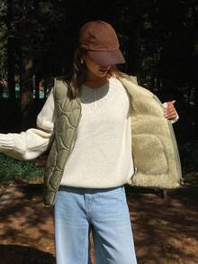 DAZY 女式宽松无袖绗缝夹克，带口袋和拉链，休闲街头风格，秋冬