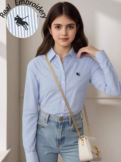 Teen Girls' Casual Commuter Blue & White Striped Equestrian Embroidered Ruffle Collar Long Sleeve Button-Up Shirt, Autumn/Winter School Uniform Shirt Button Down Shirt Girls Preppy Shirt School Girl Shirt Striped Blue Shirt Girls Striped Button Down Shirt Schoolgirl Shirt Blue Striped Shirt Girls Button Down Shirt