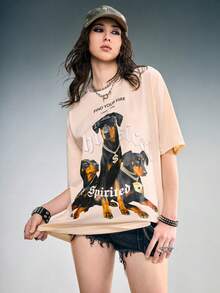 ROMWE Street Life Women's Vintage Doberman Pinscher PUNK Print Distressed Washed Short Sleeve T-Shirt - Khaki - View 8