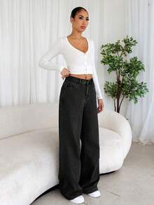 SHEIN Tall 休闲时尚百搭日常保暖内衬女式牛仔裤，高个女款，秋冬季保暖内衬蓝色牛仔裤 - 黑色 - 查看 4