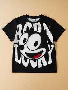 Felix The Cat X SHEIN 1 chiếc áo thun tay ngắn cổ tròn dáng rộng in hình mèo ngộ nghĩnh phong cách thường ngày dành cho bé trai tuổi teen - màu đen - Xem 1