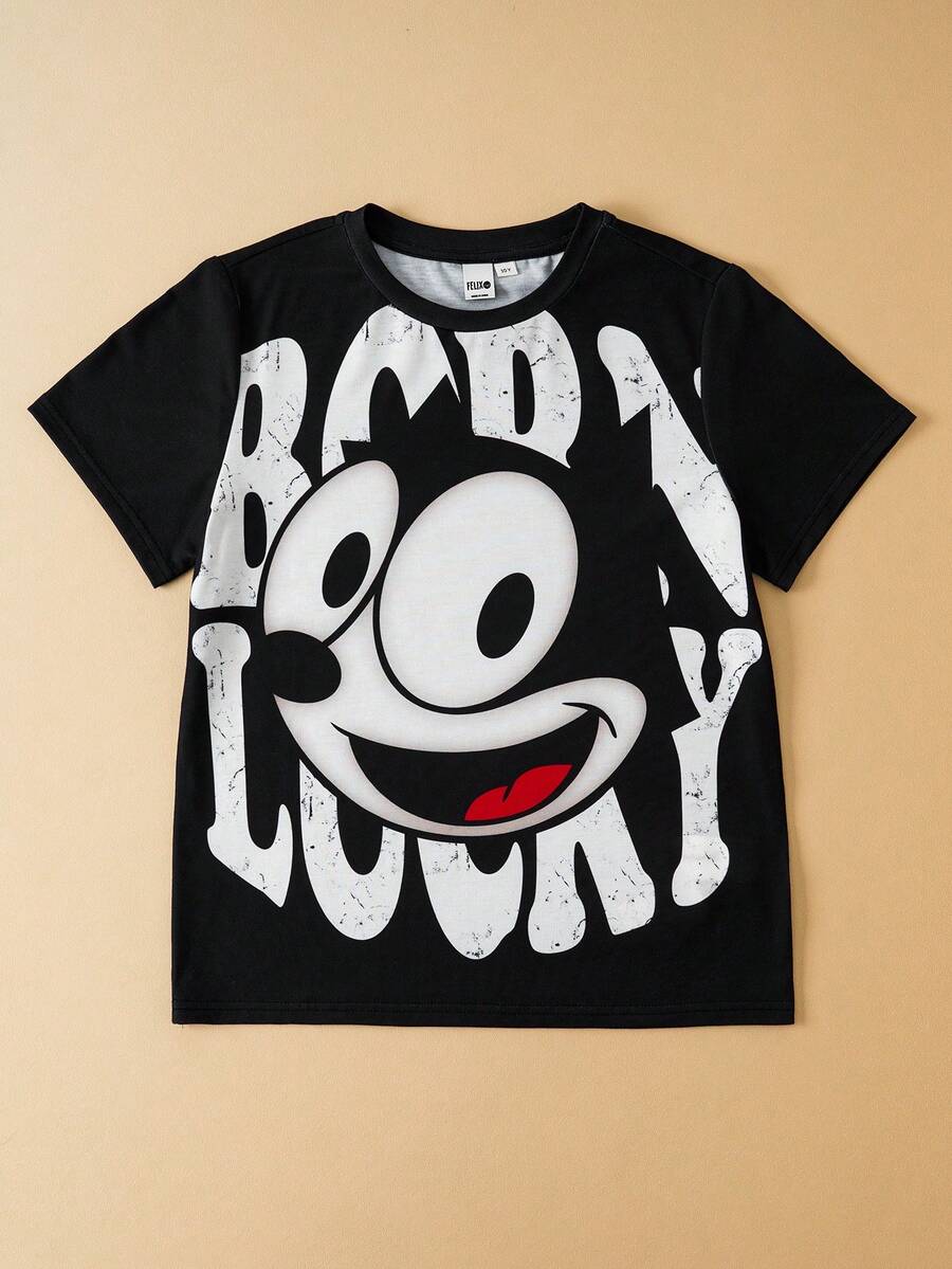 Felix The Cat X SHEIN 1 chiếc áo thun tay ngắn cổ tròn dáng rộng in hình mèo ngộ nghĩnh phong cách thường ngày dành cho bé trai tuổi teen - màu đen - Xem 1