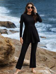 Swim Shayni Women 2-Piece Set High Neck Long Sleeve Ruched Dress Top And Capri Pants, Middle Eastern Beach Cruise Vacation Swimsuit Cover Up - Black - View 3