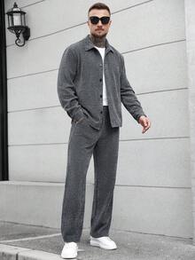 Manfinity Homme 加大码男士翻领单排扣长袖衬衫带口袋休闲裤套装，适合度假和户外活动 - 深灰色 - 查看 7