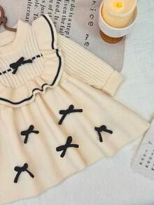 SHEIN Vestido de Tricô com Laço Decorativo Colorblock para Bebê Menina, Adequado para Outono/Inverno - Damasco - Visão 6