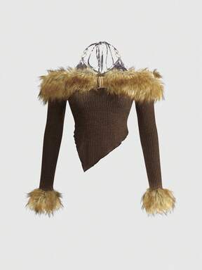 Hippie Women's Y2K Sexy Vintage Music Festival 2 In 1 Furry Leopard Print Fabric Knitted Detail Halter Neck Crop Top