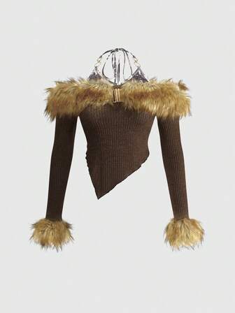 Hippie Top corto da donna in stile Y2K, sexy e vintage, con stampa leopardata in tessuto peloso e dettagli lavorati a maglia, collo alto, 2 in 1