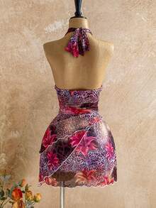 Soleia Vestido mini con estampado de leopardo y flores, con escote halter y espalda descubierta, para vacaciones - Multicolor - Ver 2