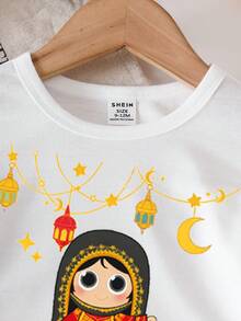 SHEIN 女嬰 2 件組 T 恤套裝 女嬰套裝 阿拉伯風格女嬰服飾 - 彩色 - 查看 3