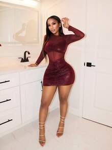 BamGleam Rund halsringning, transparent lapptäcke, ihålig, atmätande, rynkad miniklänning, sexig klubbstil - Röd - Visa 3