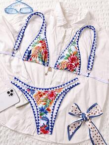 SHEIN Swim 2pcs Printed Scalloped Trim Triangle Bikini Set, Fashionable & Sexy Swimwear - Multicolor - View 3