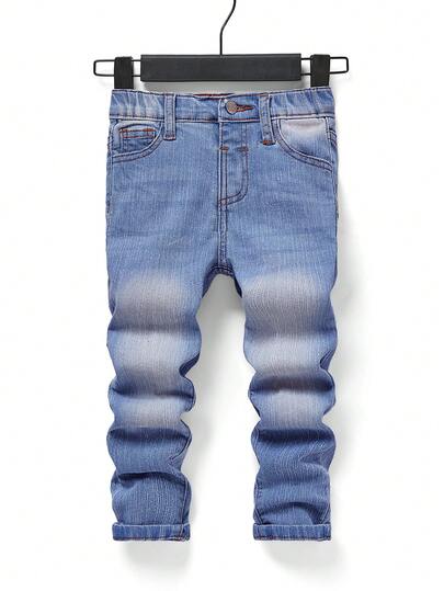 SHEIN 男童蓝色舒适清爽深色水洗弹力修身牛仔裤，适合日常穿着和返校穿着。