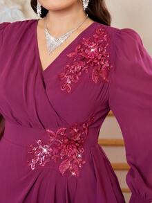 Reflora Đầm chiffon cỡ lớn, chân váy dài thanh lịch, phù hợp cho mùa thu và mùa đông, hoàn hảo cho các bữa tiệc và tụ họp, trang phục đón năm mới. - Màu đỏ tím - Xem 7