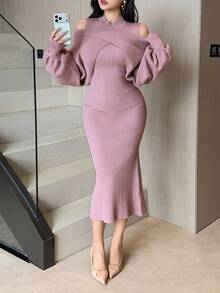 DAZY Women's Elegant Solid Color Sleeveless Dress, Off Shoulder Long Sleeve Sweater, 2-Piece Set, Autumn/Winter - Pink - View 8