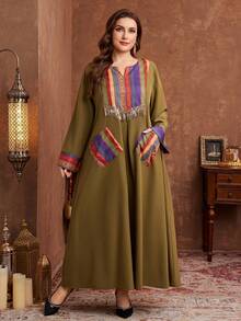 Al Najma Casual Comfortable Print Patchwork Solid Color Long Sleeve Loose Plus Size Women Arabic Maxi Dress, Suitable For All Occasions In Spring And Autumn