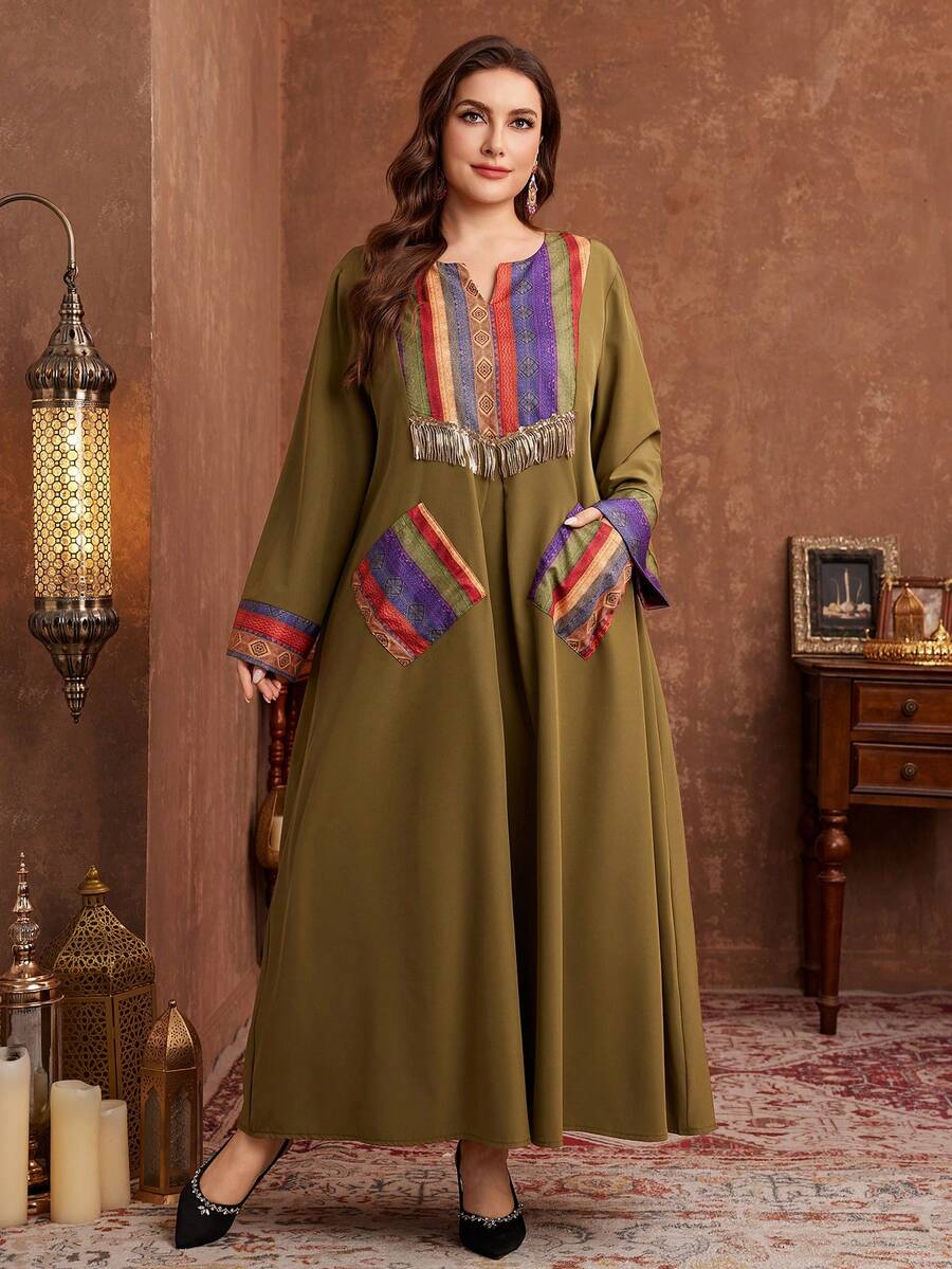 Al Najma Casual Comfortable Print Patchwork Solid Color Long Sleeve Loose Plus Size Women Arabic Maxi Dress, Suitable For All Occasions In Spring And Autumn