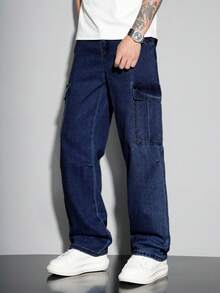 Manfinity Hypemode Loose Fit Men's Flap Pocket Side Cargo Jeans Men Navy Blue Denim - Dark Wash - View 8