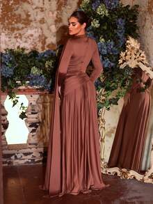 Aureia Elegant And Glamorous, Grey-Brown Stretch Knit With Metallic And Pleated Embellishments, Round Neck, Long Sleeves With Flowing Sequins, A-Line Silhouette, Long Length. Suitable For Parties, Dates, Weddings, Festivals, And Formal Occasions, Bridesmaid Dress.,Wedding Party Dress - Brown - View 5