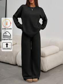 EURMUSE Women Round Neck Rib Knitted Sweater And Sweater Pant 2pcs Sets Co-Ord - Black - View 1