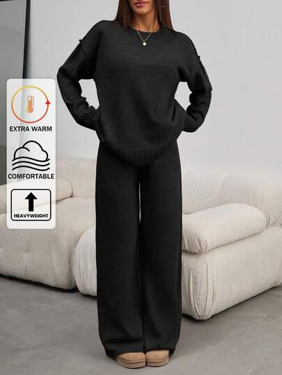 EURMUSE Rund halsringad ribbad stickad tröja och tröjbyxor för kvinnor, 2-delat set, del av set