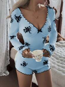 CottageSlumber Bộ áo liền quần dài tay in hoa, cổ chữ V, viền bèo nhún và nơ trang trí dành cho nữ. - Màu xanh lam - Xem 4