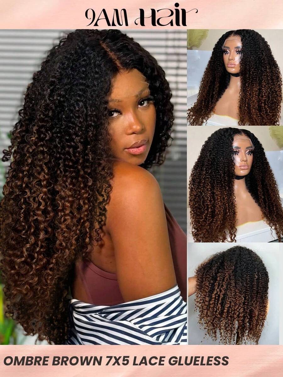 渐变棕色可戴 7x5 预切蕾丝无胶缅甸卷发蕾丝闭合假发预拔发际线皮肤融化透明蕾丝戴上即走假发 - SNatural/4 - 查看 1