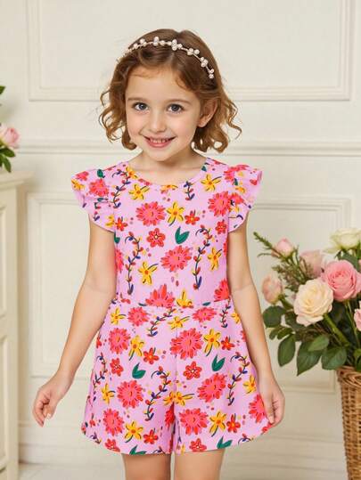 Elladie kids 1pc Girl's Casual Ditsy Floral Jumpsuit With Flared Sleeves, Versatile For Daily Wear Kids Floral Romper Teen Girl Girls Romper Floral Girls Floral Outfit Kid Girls Romper Big Sister Girls Summer Romper Birthday Girl