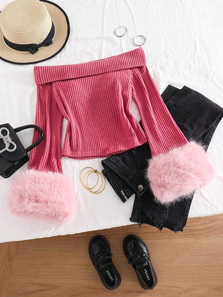 这款新款长袖露肩蝴蝶结上衣专为少女设计，现已上市。它舒适、时尚、优雅、甜美、可爱、活泼、独特，是女孩们日常穿搭的必备单品。另有女童骑行短裤套装、女童服装三件套、酷炫少女套装等可供选择。 - 粉色 - 查看 1