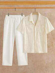HIMLAND Men's Solid Color Minimalist Casual Short Sleeve Shirt And Pants Set Daily Essential Wardrobe Staple Basic Style All-Match Style Go-To Piece Mix-And-Match Item Casual Versatile Style  Multi-Piece Set 2-Piece Set Men S Silk Set Cream Outfit Men Beach Clothes For Men White Cream Linen Men Set Pants And Shirt Set - White - View 8