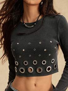 Easelle Áo thun bodycon cổ tròn tay dài thiết kế hở vai đan đen dành cho nữ - màu đen - Xem 7