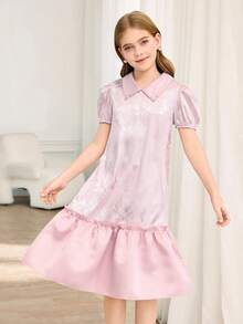 SHEIN 少女优雅奢华公主风泡泡袖中长A字连衣裙，提花奢华光泽质感面料，欧根纱拼接下摆，公主风装饰，尽显奢华质感 - 金色 - 查看 5