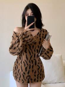 DAZY Suéter elegante de mujer con estampado de leopardo y cuello en V, otoño/invierno - Marrón - Ver 9
