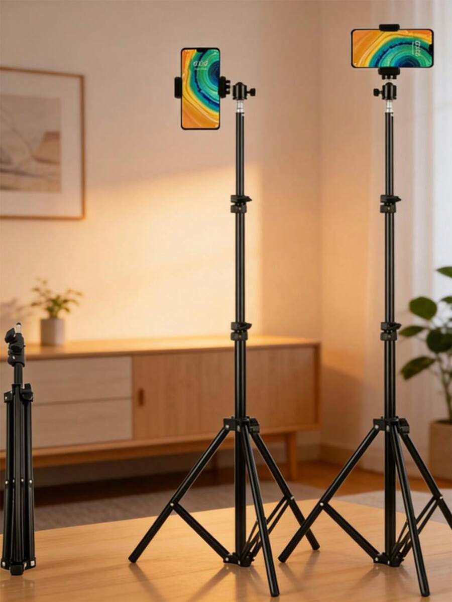 Teckwe 160厘米落地式三脚架，带云台和手机支架，兼容和安卓手机，适用于直播、Vlog、家庭聚会、圣诞派对拍摄、手持自拍、户外活动、采访等。也适用于暑假旅行、补光、户外活动、直播自拍杆。 - 黑色 - 查看 1