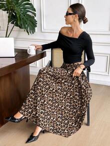 SHEIN Frenchy 女士高腰豹纹优雅半身裙，春季休闲，法式显瘦高腰豹纹中长裙，复古垂坠大裙摆半身裙，时尚百搭优雅半身裙，豹纹半身裙，猎豹纹长裙，动物纹中长裙，棕色半身裙，夏季度假，女士假日，夏季，春夏过渡 - 彩色 - 查看 6