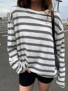 DAZY 休闲条纹宽松长袖圆领女式T恤 Y2k - 藏蓝色 - 查看 4