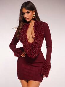 Radiana 女士性感优雅酒红色仿毛皮拼接针织紧身迷你连衣裙，长袖羽毛装饰连衣裙，深V领连衣裙，红色连衣裙，派对连衣裙，约会连衣裙，适合夜晚、约会、聚会、派对、宴会、晚宴、鸡尾酒会、舞会、音乐会、生日、婚礼、俱乐部、假日、正式场合 - 酒紅色 - 查看 2