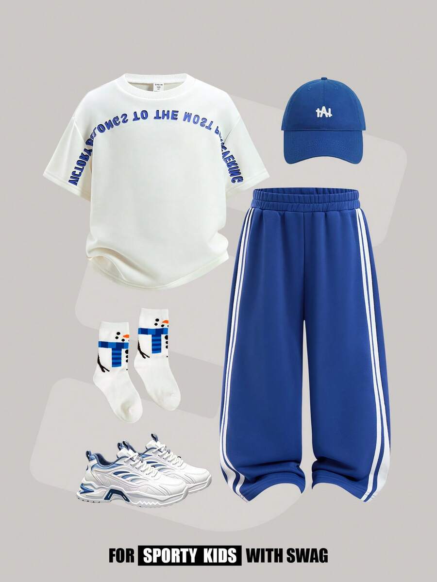 JNSQ 2pcs/Set Young Boys' Round Neck Short Sleeve Letter Print Sweatshirt And Blue Sweatpants, Spring/Summer - White - View 1