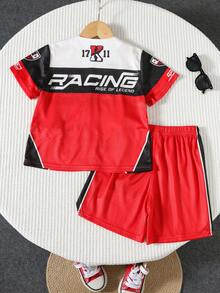 2件套男童休闲蓝白条纹polo衫短袖衬衫搭配松紧腰短裤套装，适合居家、外出、上学、旅行和度假，春夏皆宜。 - 彩色 - 查看 2