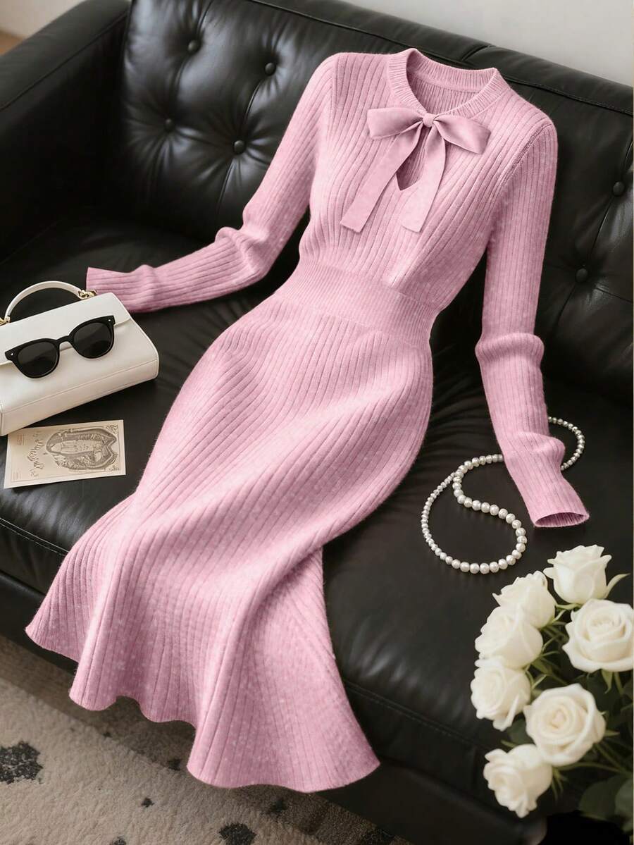Franclia Đầm len dệt kim nữ chất lượng cao, thời trang và thanh lịch, đa năng cho mùa thu. - Hồng - Xem 1