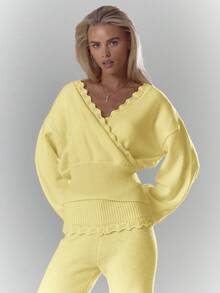 MUSERA Soft Rib Crochet Knit Crossover Detail Cinched Long Sleeve Top Only Fall Autumn Cosy Cute Casual Coffee Club  Chic Spring Y2k - Yellow - View 5