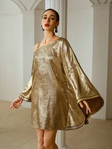 ZEYLAH Women's Elegant Shoulder Strap Sequin Patchwork Knit Dress, Autumn - Khaki - View 5
