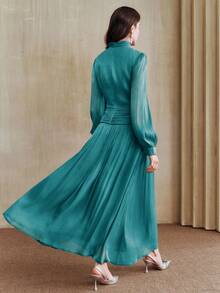 Anewsta Nuevo vestido elegante con cuello fruncido y manga larga para mujeres, adecuado para otoño, invierno, primavera, Año Nuevo, fiesta, boda, elegante, chic, con estilo, Navidad, salir - Turquesa - Ver 2