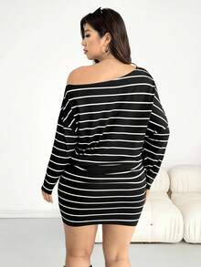 SHEIN Essnce Đầm ngắn tay dài trễ vai kẻ sọc đen trắng dành cho nữ cỡ lớn thời trang xuân/hè, dáng rộng thoải mái, cơ bản, đa năng, tôn dáng, thích hợp mặc hàng ngày, trang phục mùa xuân, đầm ôm dáng, phong cách đơn giản - Đen và trắng - Xem 2