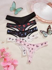 Eraneu 5条/包 舒适印花丁字裤，情人节